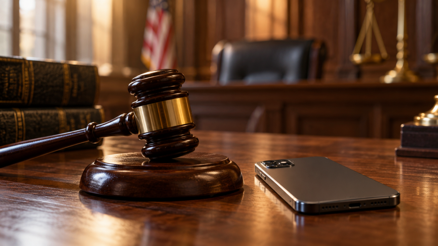 Un marteau de juge posé à côté d’un smartphone retourné sur un bureau en bois