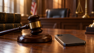 Un marteau de juge posé à côté d’un smartphone retourné sur un bureau en bois