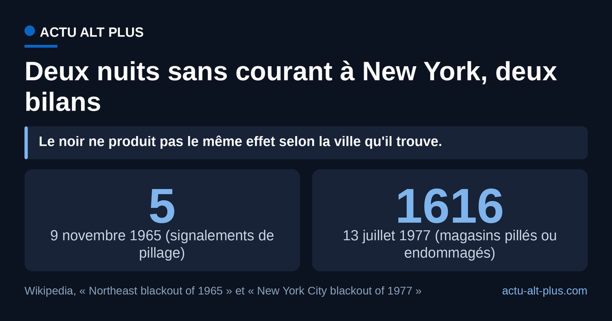 La coupure de 1965 laisse cinq signalements de pillage, celle de 1977 plus de seize cents magasins touchés. Les deux totaux ne mesurent pas la même chose (signalements d'un côté, magasins endommagés de l'autre) : c'est l'ordre de grandeur qui sépare les deux nuits.