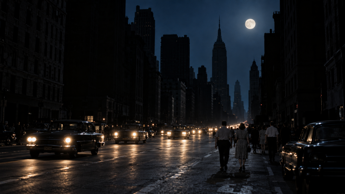 Avenue de Manhattan plongée dans l'obscurité en 1965, tours éteintes sous une pleine lune, phares de voitures et piétons sur la chaussée.