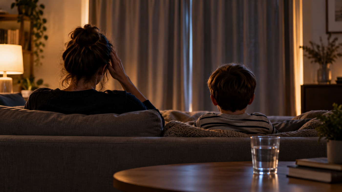 Un adulte et un enfant vus de dos sur un canapé, dans un salon aux rideaux tirés, un verre d’eau sur la table basse