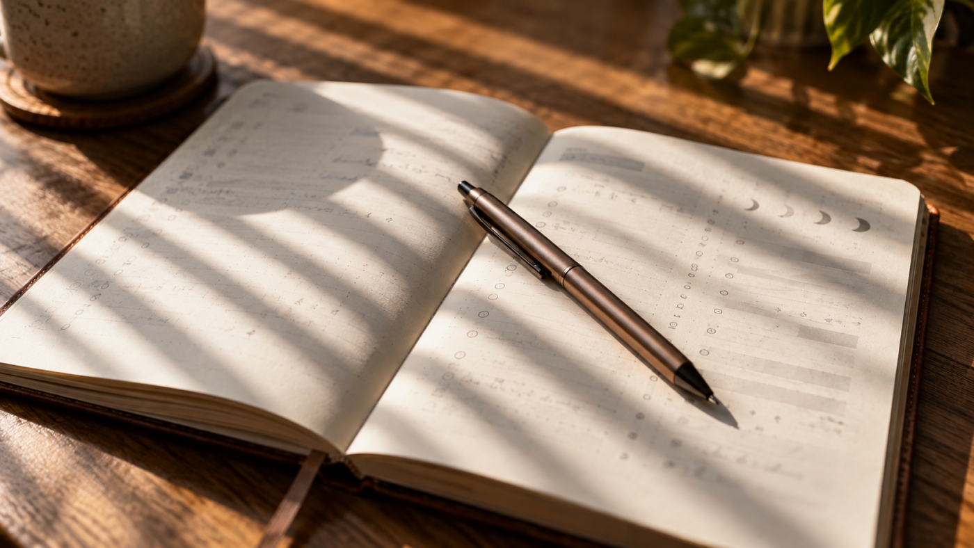 Un carnet de suivi des crises ouvert sur une table en bois, un stylo posé en travers de la page, la lumière d’un store rayant le papier, sans visage reconnaissable.