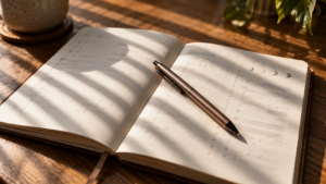 Un carnet de suivi des crises ouvert sur une table en bois, un stylo posé en travers de la page, la lumière d’un store rayant le papier, sans visage reconnaissable.