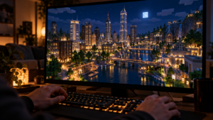 Écran d’ordinateur affichant une ville en cubes la nuit, mains posées sur un clavier dans un salon.