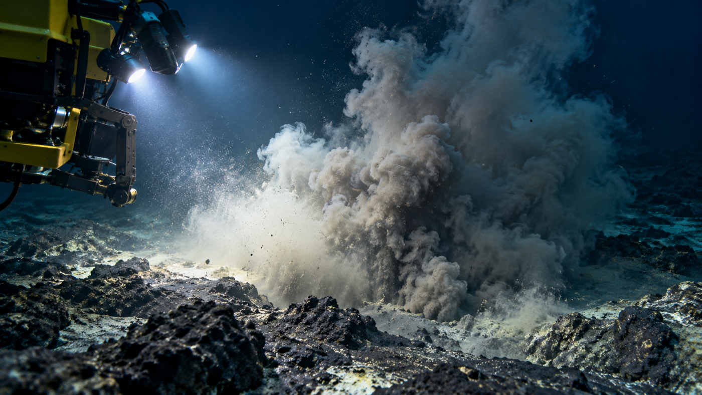 Panache de sédiments gris soulevé au-dessus de roches noires sous la lumière d’un engin sous-marin