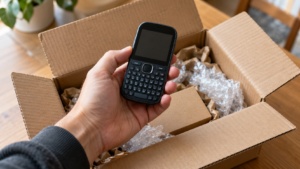 Une main tient un petit téléphone à clavier physique au-dessus d’un colis ouvert posé sur une table