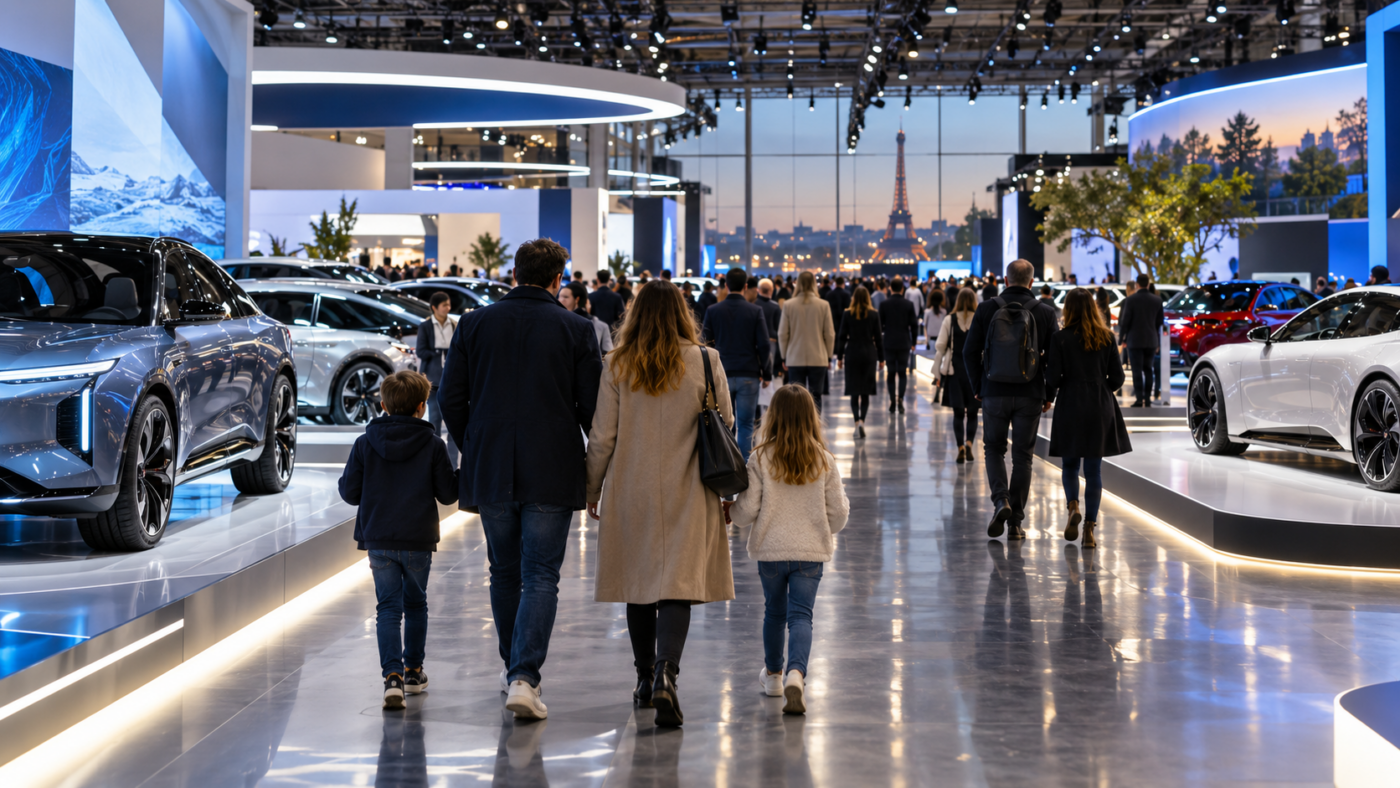 Allée d’un salon automobile parisien, familles de dos entre des stands de voitures électriques éclairés