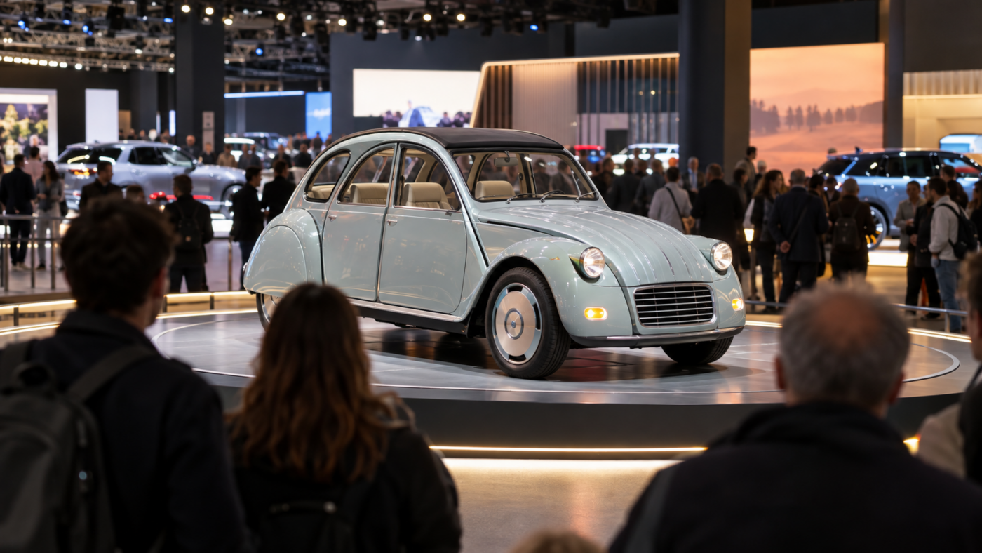 Une petite voiture électrique au style rétro sur un podium tournant, des visiteurs de dos dans un hall de salon automobile