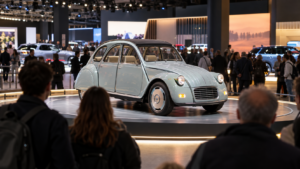 Une petite voiture électrique au style rétro sur un podium tournant, des visiteurs de dos dans un hall de salon automobile
