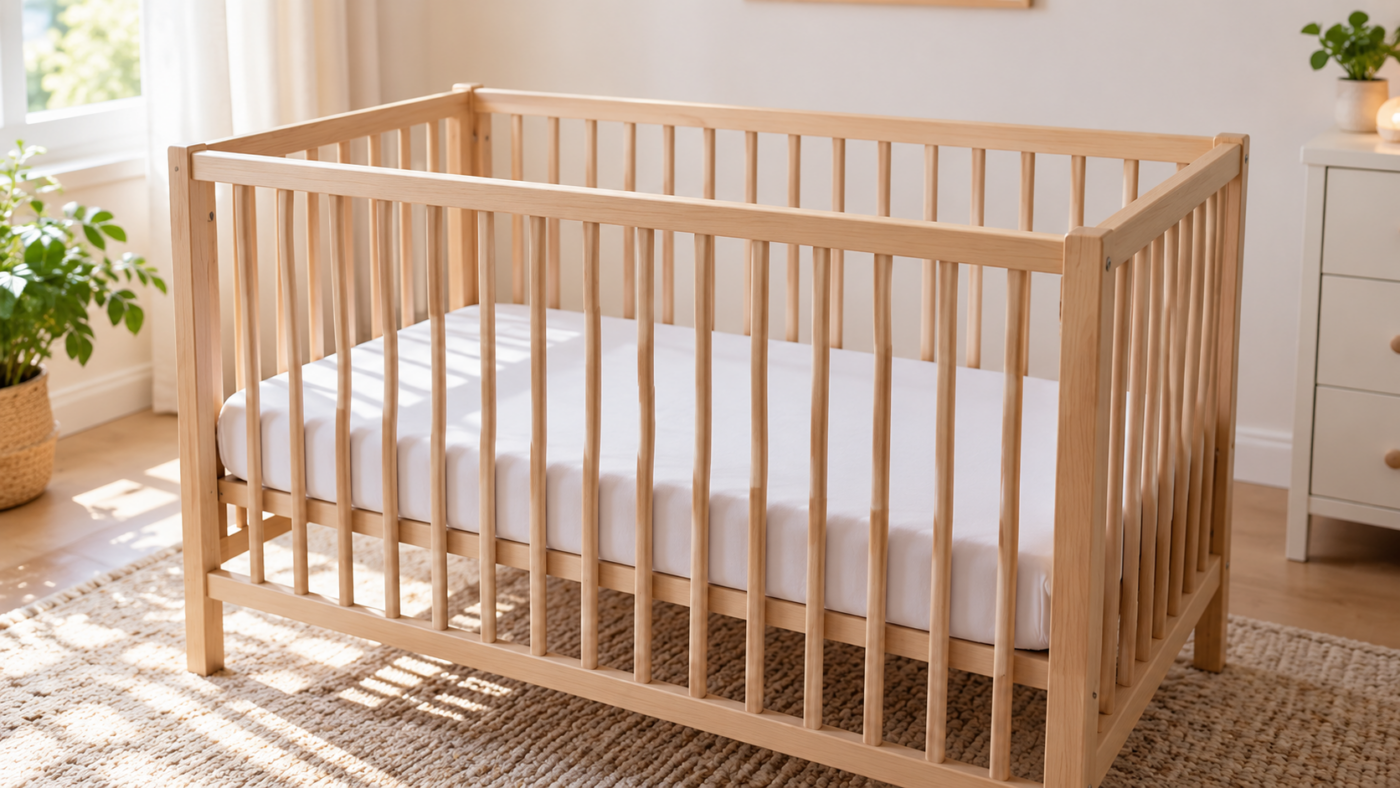 Un lit à barreaux vide, matelas ferme et drap-housse seuls, dans une chambre claire.