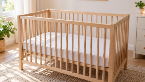 Un lit à barreaux vide, matelas ferme et drap-housse seuls, dans une chambre claire.