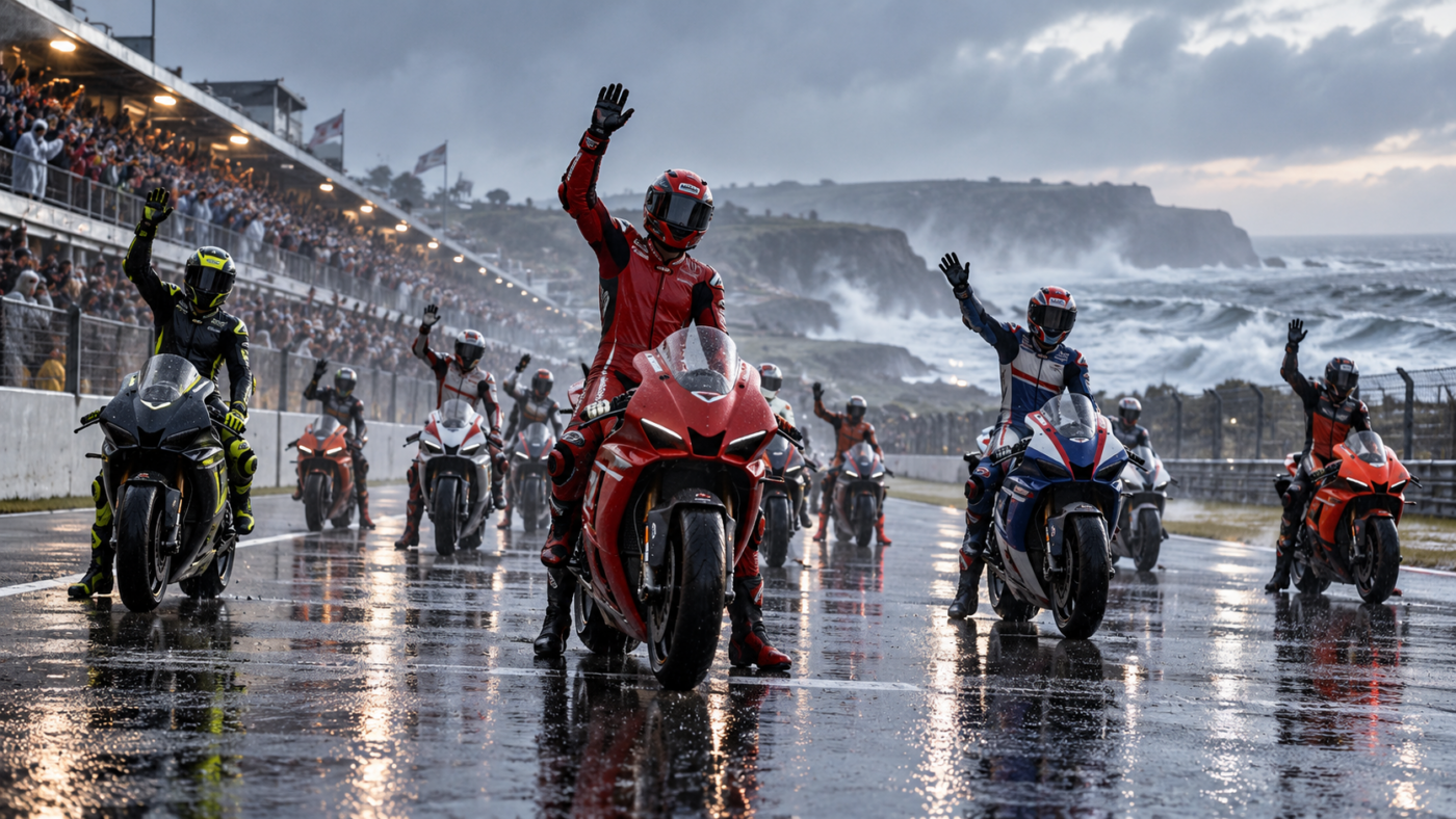 Motos de course arrêtées sur la grille détrempée d’un circuit côtier noyé dans la brume, pilotes casqués saluant les tribunes