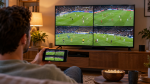 Un téléviseur de salon affiche quatre matchs de football en mosaïque, un smartphone posé devant montre une grille de petites vignettes