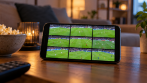 Un téléphone posé sur une table basse affiche une grille de neuf petits terrains de football en direct
