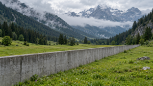 Un muret de béton rectiligne traverse un pré de vallée de montagne, au pied de forêts et de sommets brumeux.