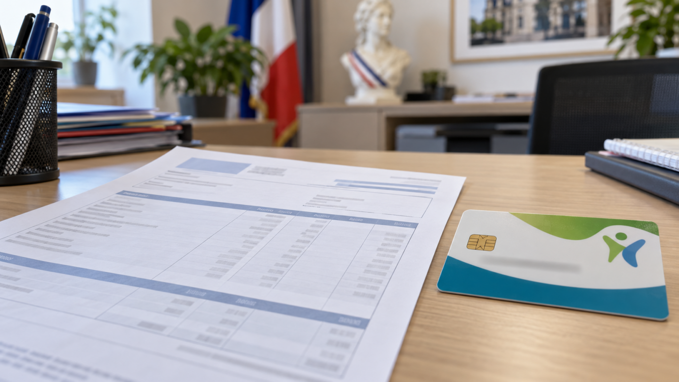 Une fiche de paie et une carte de mutuelle posées sur un bureau de mairie