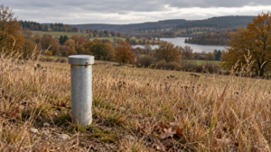Un piézomètre, tube métallique fermé, planté dans une prairie sèche du Limousin à l’automne