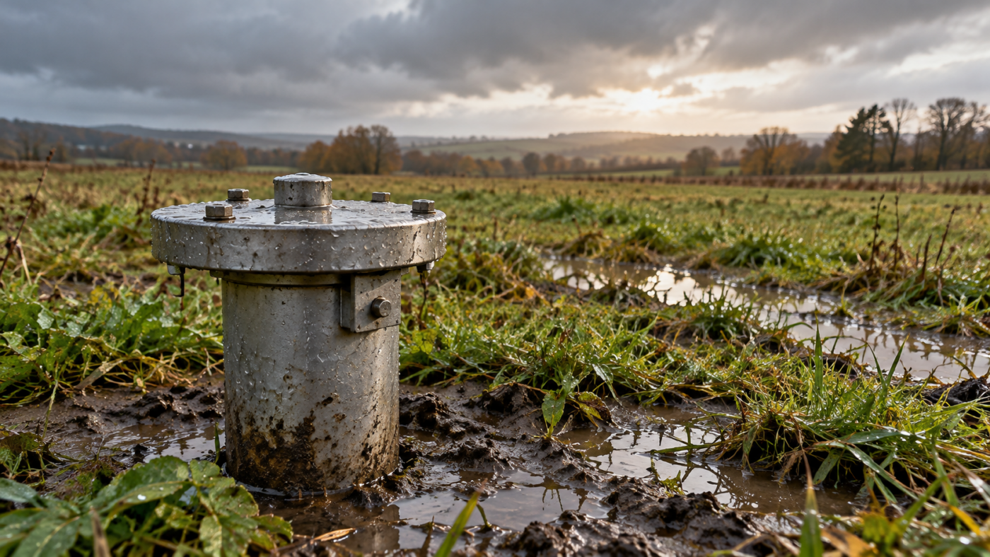 Tête de piézomètre métallique dans un pré détrempé après la pluie, sous un ciel d’automne