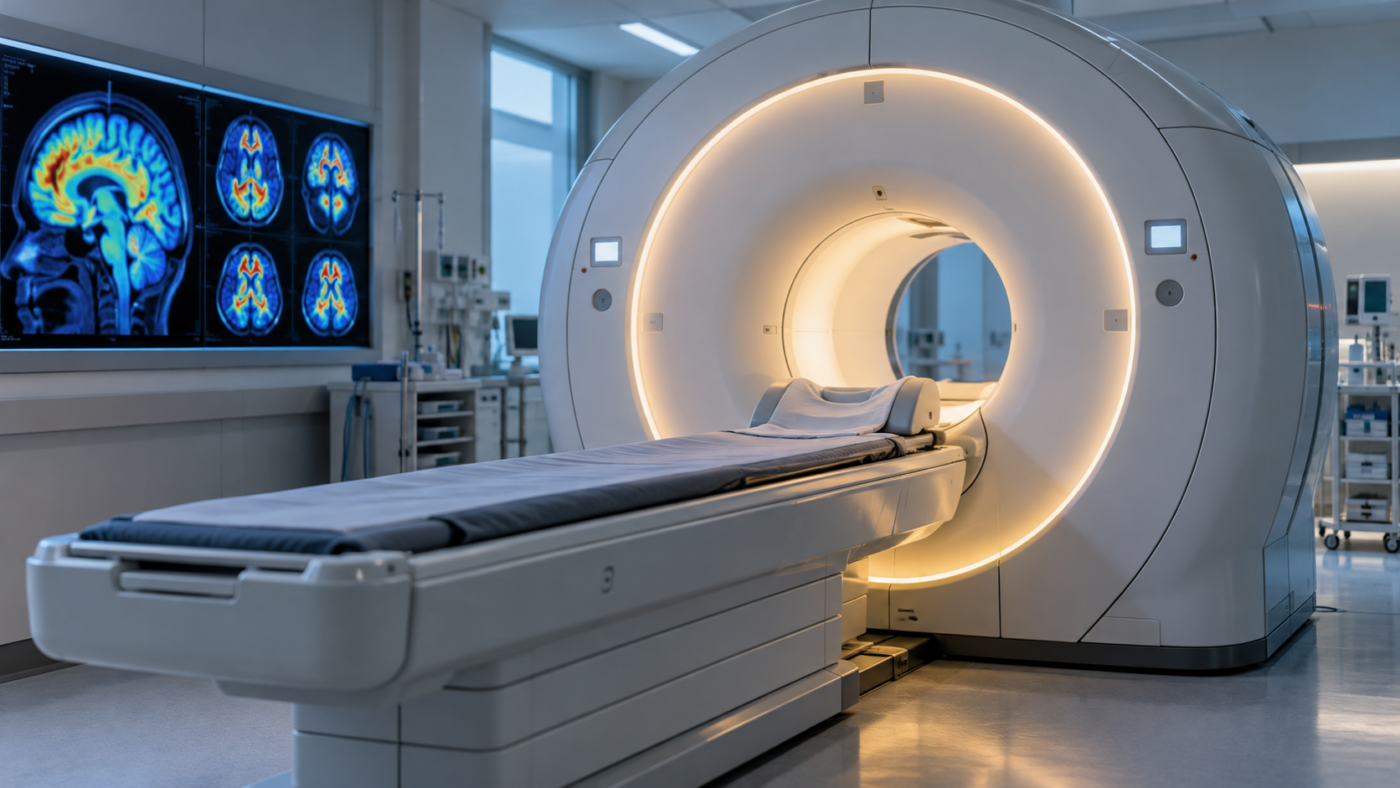 Un scanner TEP dans un service de neurologie, lit d'examen vide engagé dans l'anneau de la machine