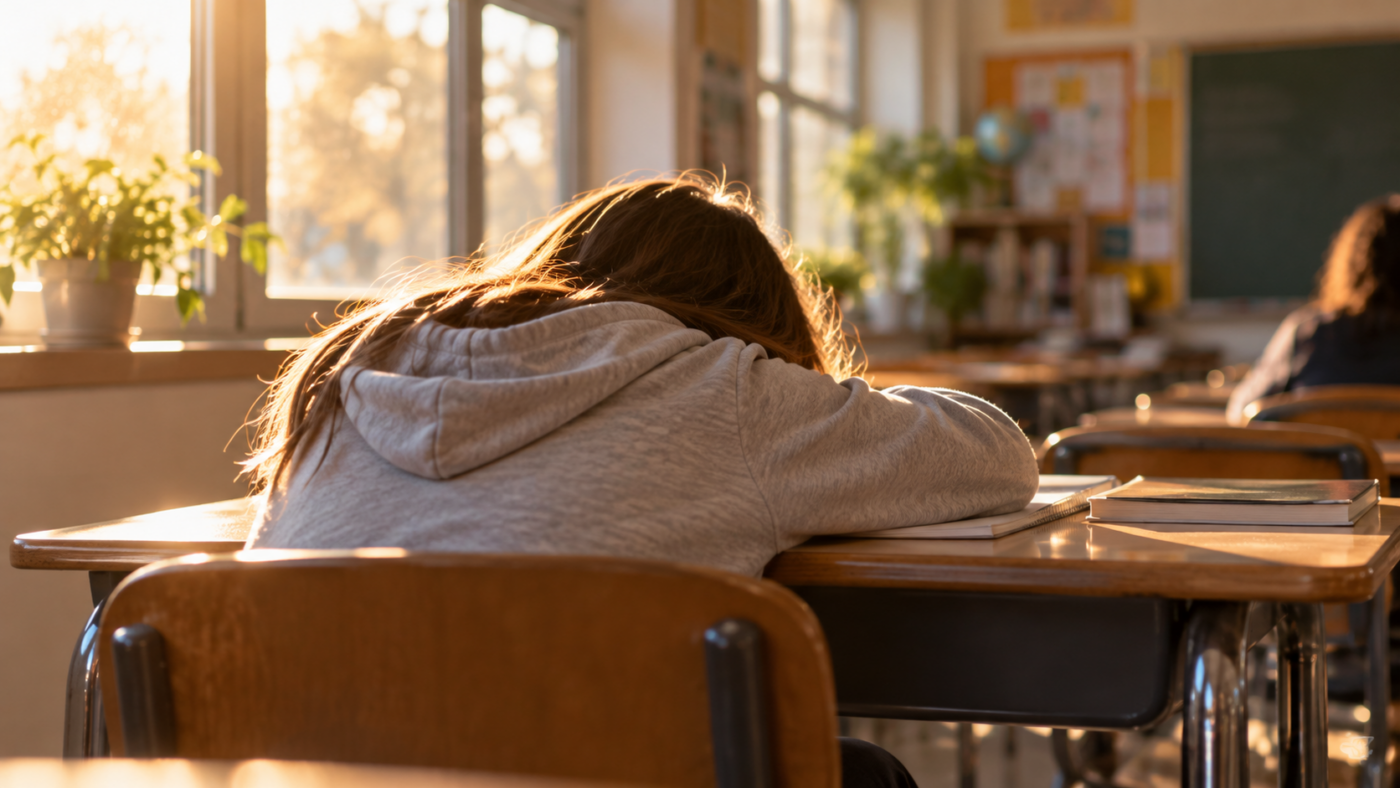 Un adolescent endormi sur un bureau d’école, la tête posée sur ses bras, dans une classe baignée de soleil