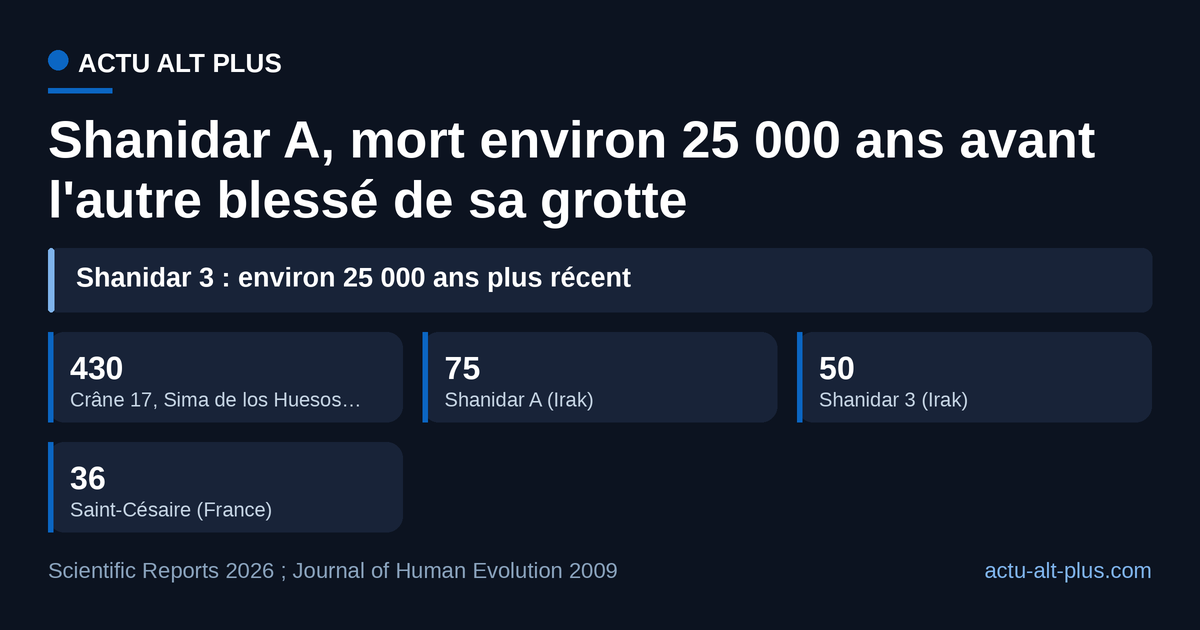 Parmi ces blessés par arme présumée, seul le Crâne 17 de Sima de los Huesos, frappé et non transpercé, est plus ancien que Shanidar A.