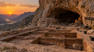 Entrée d'une grotte calcaire des monts Zagros avec une tranchée de fouille quadrillée au sol