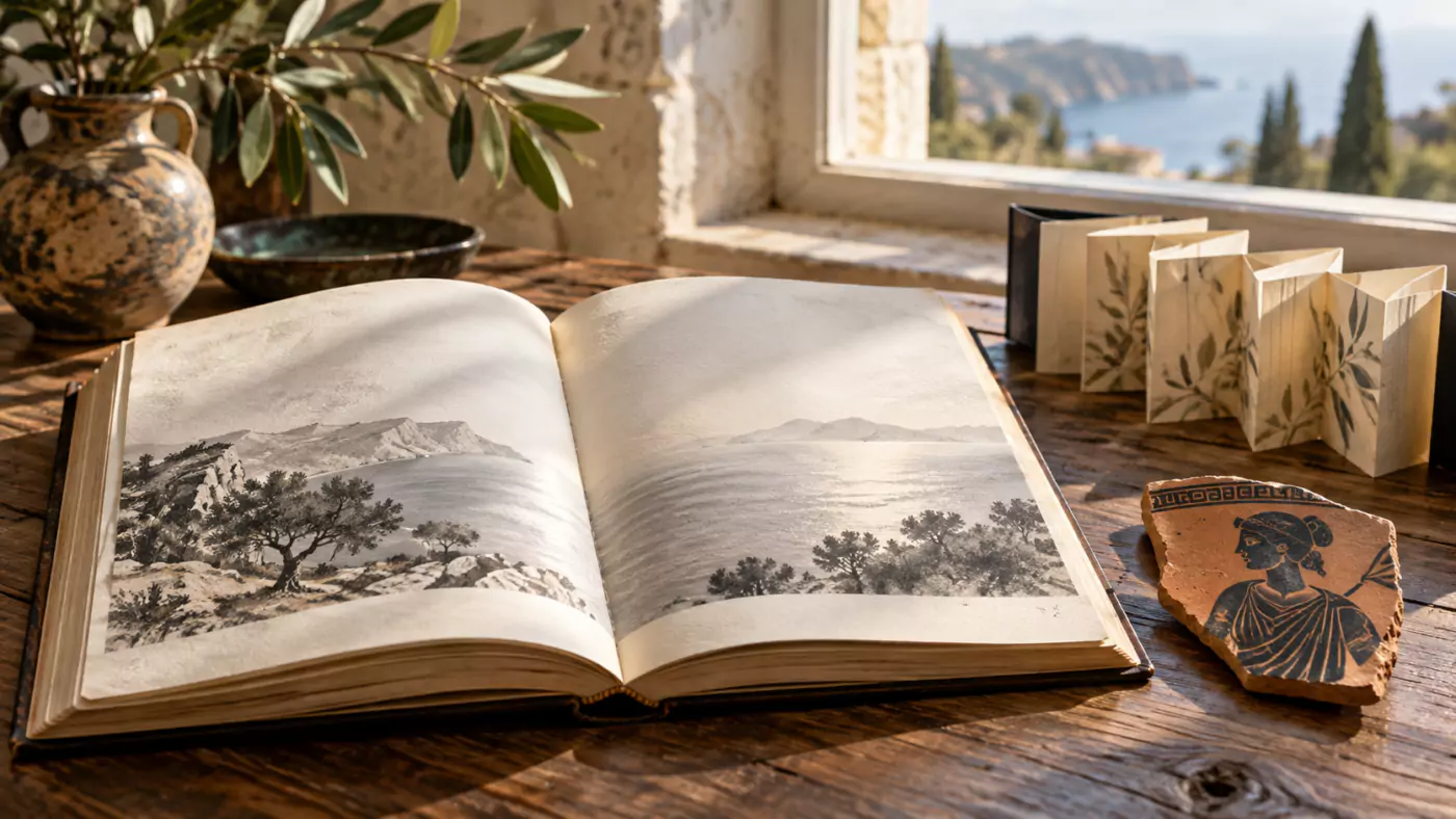 Un livre de poèmes ouvert sur une table en bois près d’une fenêtre, à côté d’un tesson de poterie grecque et d’un carnet plié en accordéon.