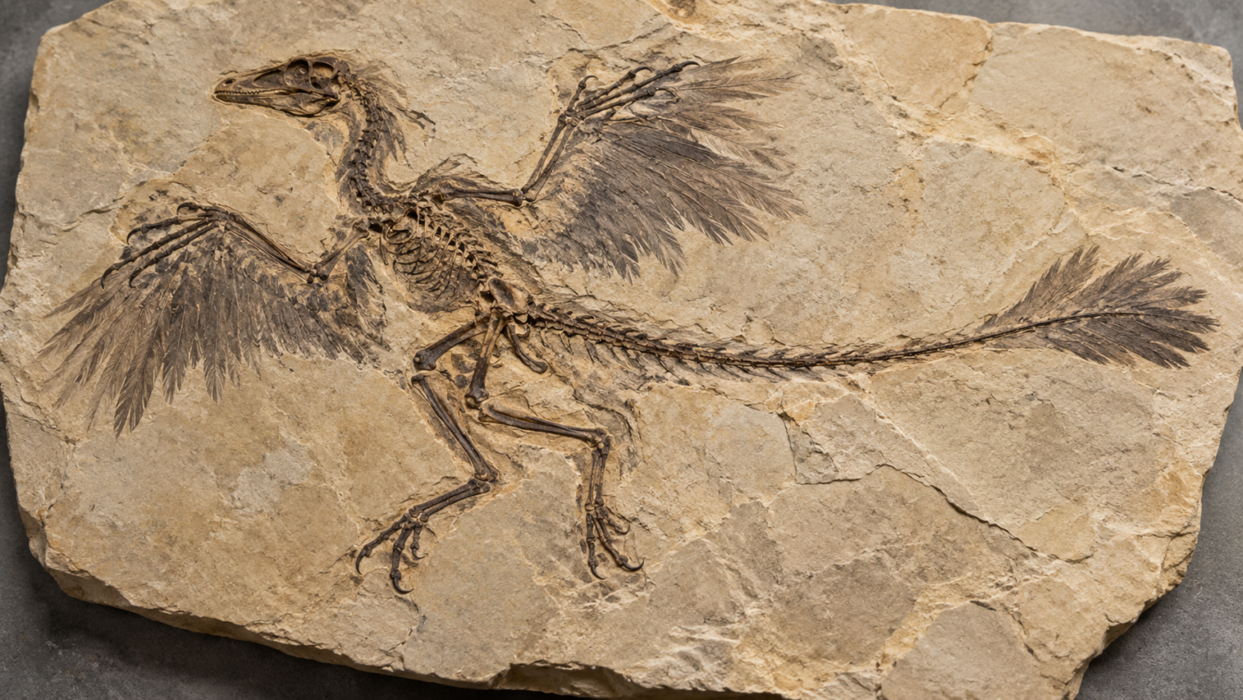 Une dalle calcaire beige portant l’empreinte d’un petit squelette de dinosaure aux bras écartés, entouré de fines traces sombres de plumes.