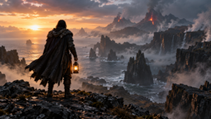 Un aventurier vu de dos, lanterne à la main, face à une côte brumeuse et volcanique au lever du jour
