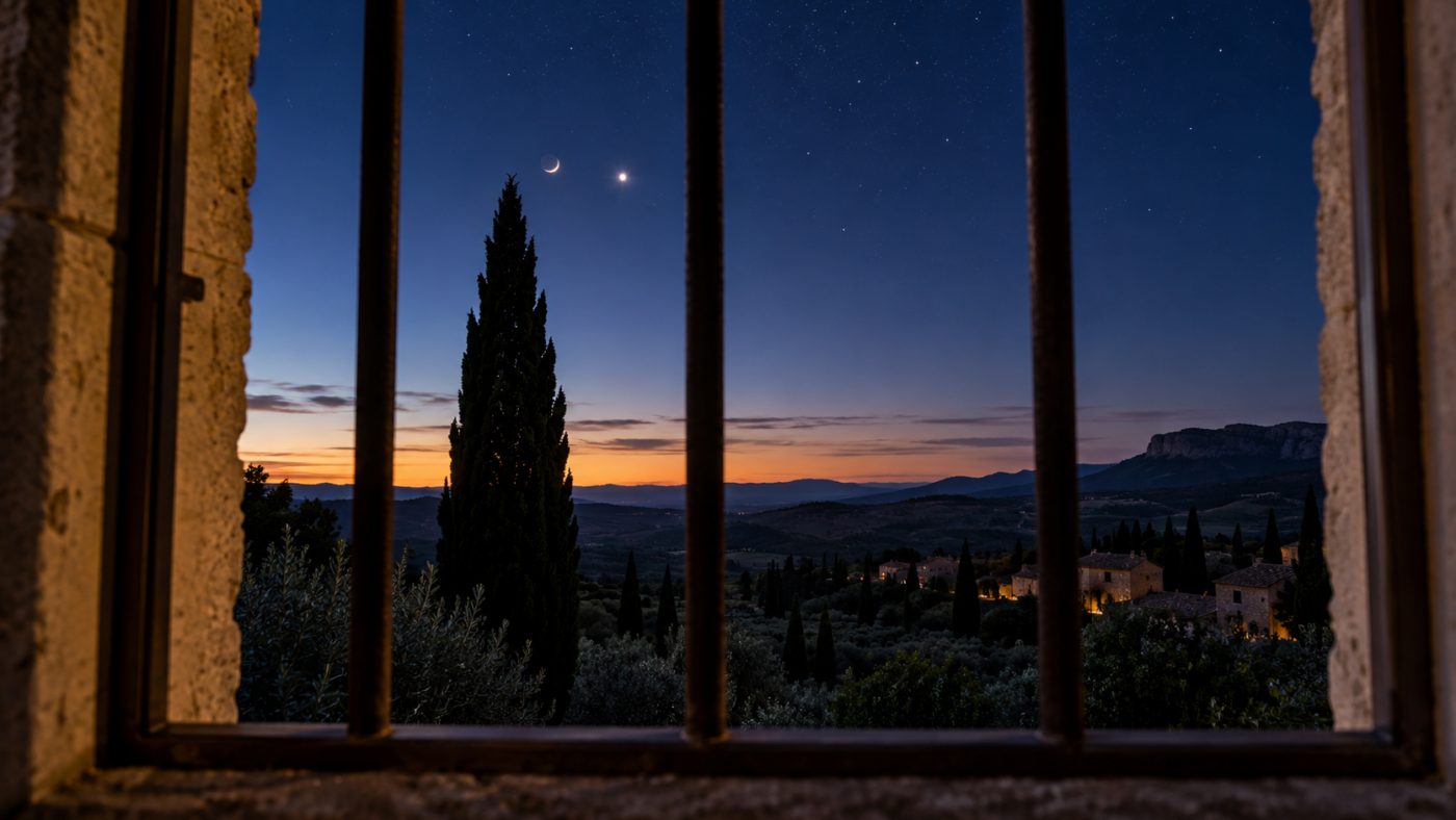 Ciel d’avant l’aube sur la campagne provençale vu d’une fenêtre à barreaux, avec un fin croissant de Lune et Vénus très brillante au-dessus d’un cyprès
