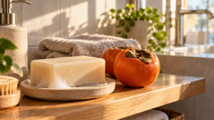 Un pain de savon pâle posé à côté d'un kaki orange et d'une serviette en lin pliée, sur une étagère de salle de bain baignée de lumière matinale.