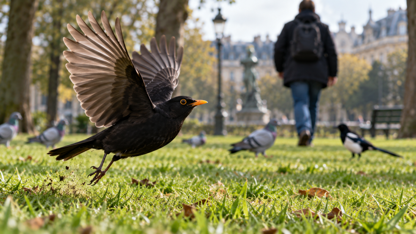 Un merle s’envole d’une pelouse de parc à l’approche d’une silhouette floue vue de dos, pigeons et pie en arrière-plan