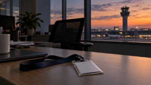 Un badge d’entreprise abandonné sur un bureau vide à la tombée du jour, une tour de contrôle d’aéroport visible au loin