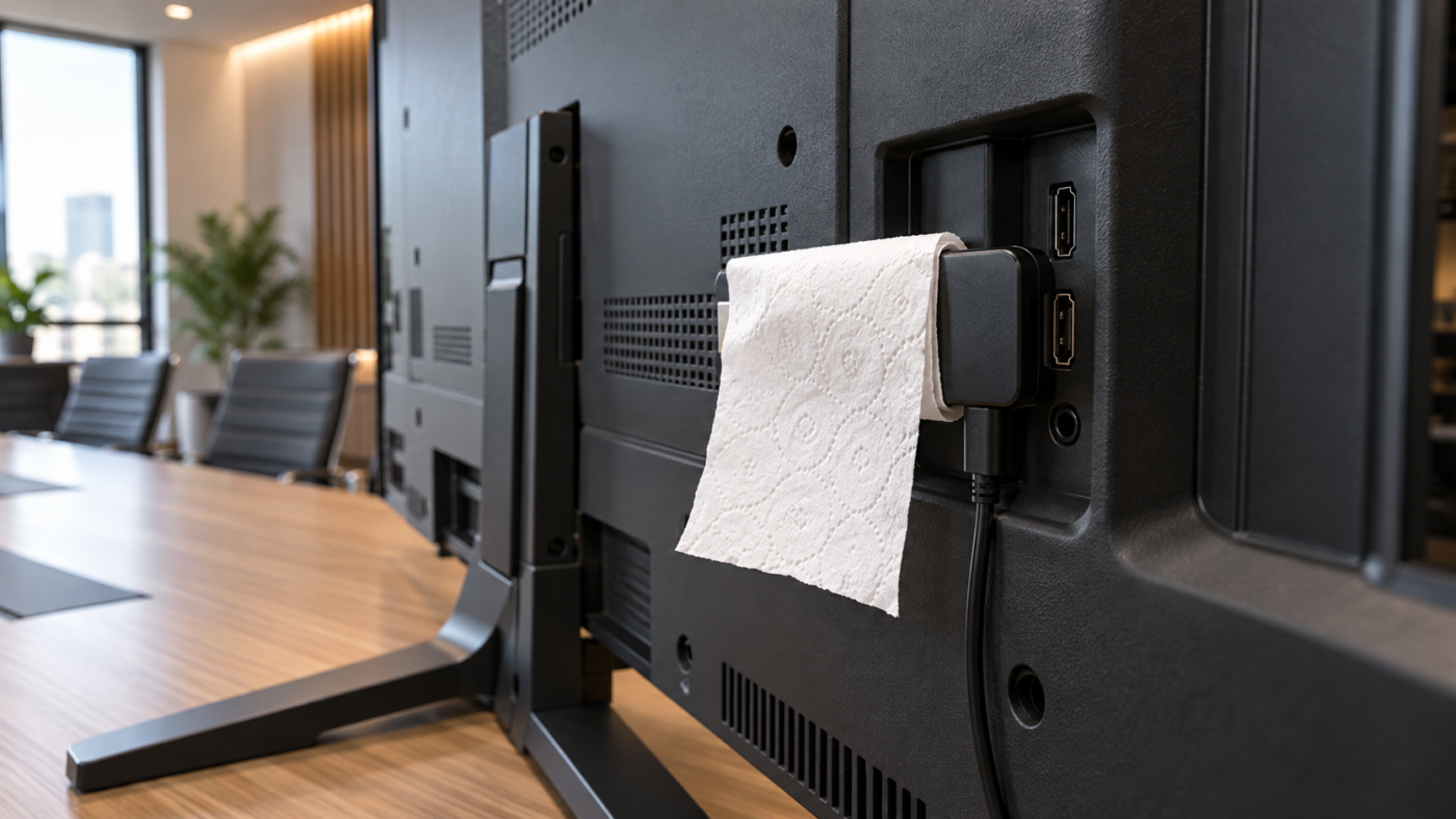 L’arrière d’un téléviseur de salle de réunion, un petit boîtier USB enveloppé de papier toilette branché sur un port