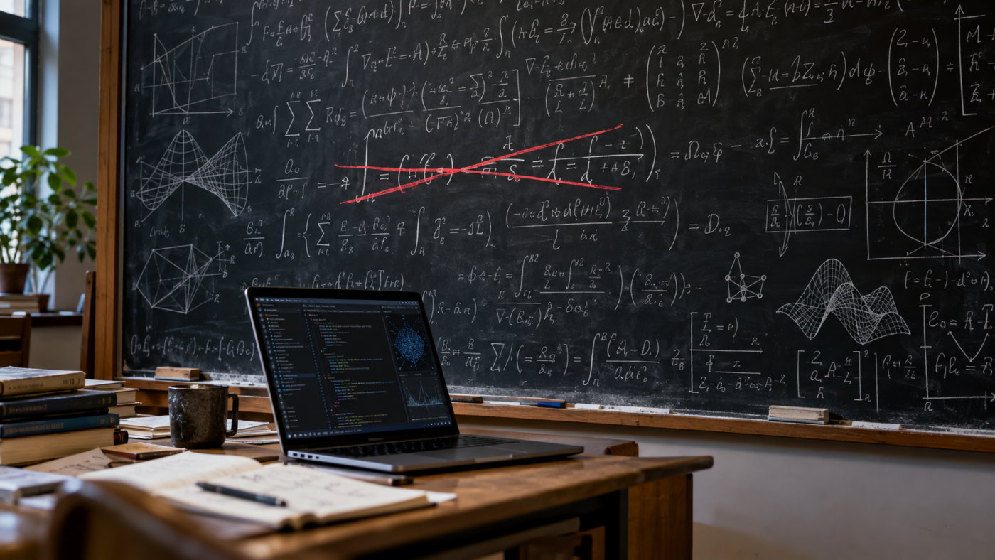 Tableau noir couvert d'équations, une ligne barrée à la craie rouge, un ordinateur portable affichant du code au premier plan