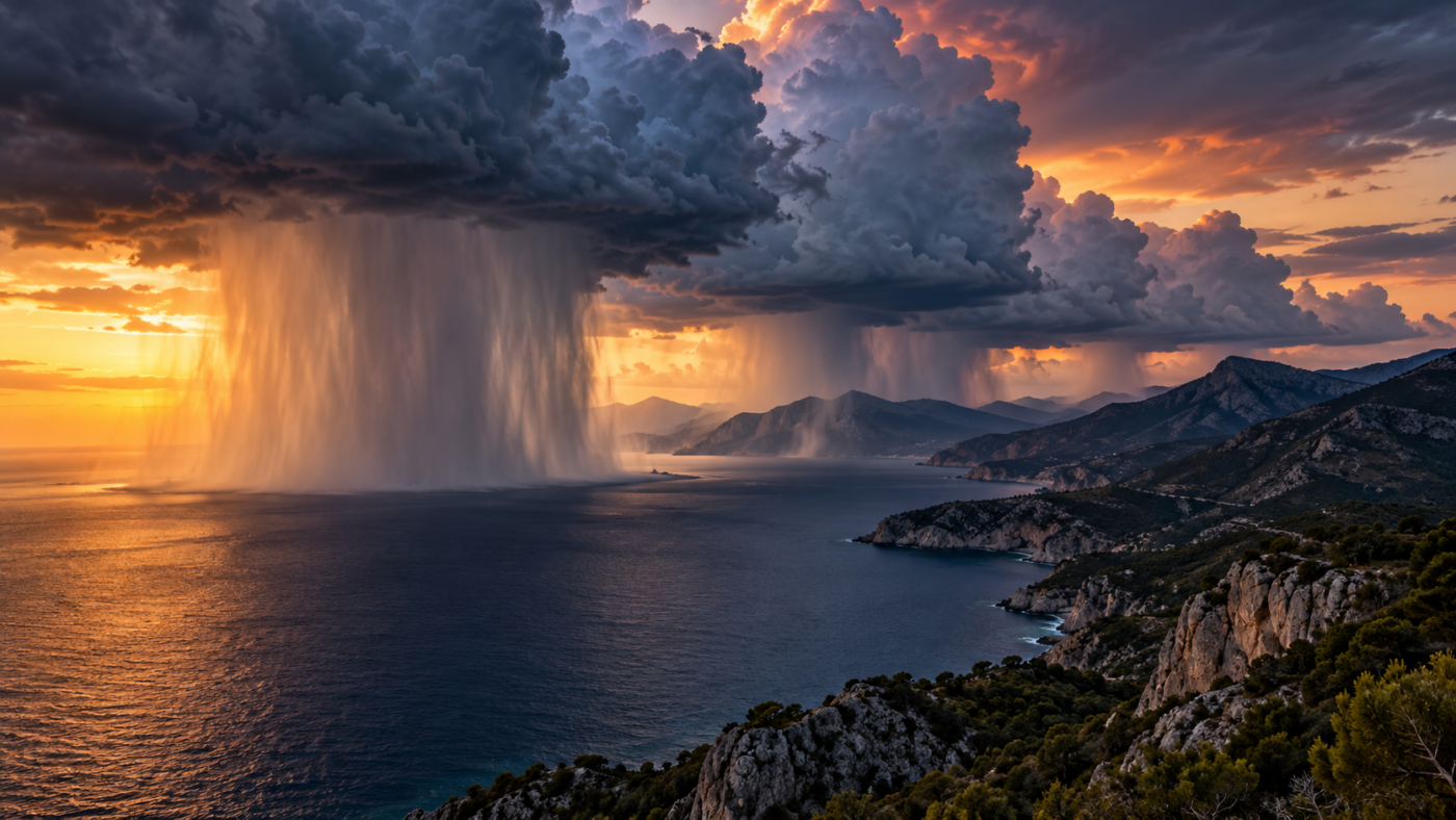 Une file de cumulonimbus alignés au-dessus d’une côte montagneuse méditerranéenne au crépuscule, le plus proche déversant une pluie dense.