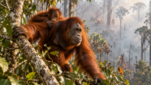 Une femelle orang-outan porte son petit sur le dos en grimpant dans une forêt tropicale voilée de fumée.