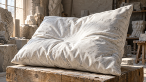 Un oreiller de marbre blanc froissé posé sur un socle de bois, dans la lumière rasante d’un atelier de taille de pierre.