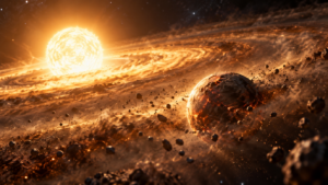 Vue d’artiste d’une jeune planète rocheuse en formation dans la partie interne d’un disque de poussière, près d’une étoile.