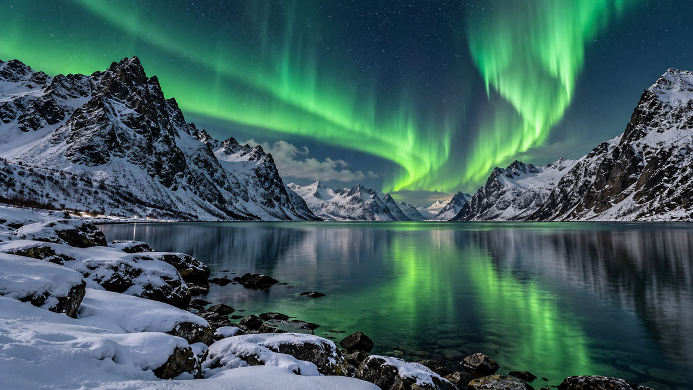 Aurore boréale verte au-dessus d’un fjord enneigé du nord de la Norvège, reflétée dans l’eau