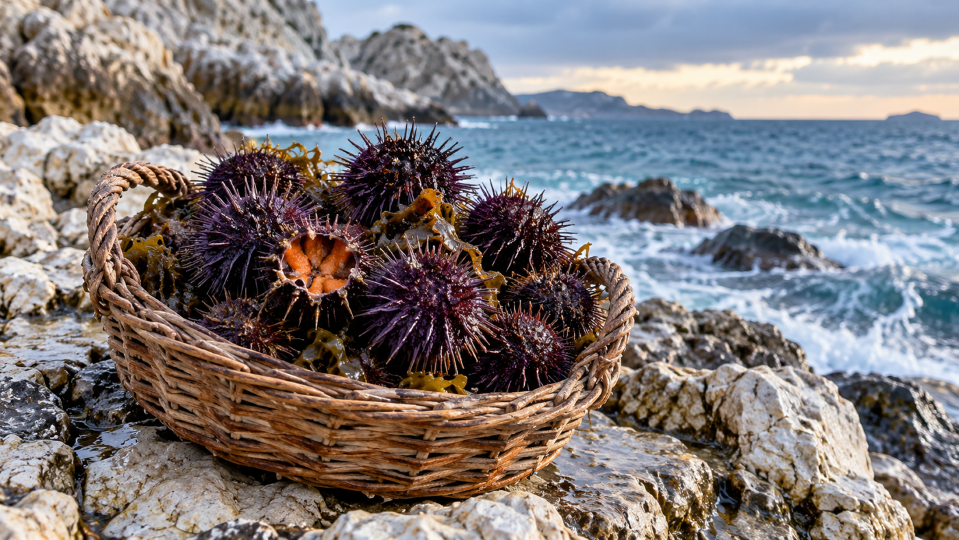 Des oursins violets fraîchement ramassés dans un panier posé sur des rochers calcaires, au bord d’une mer d’hiver