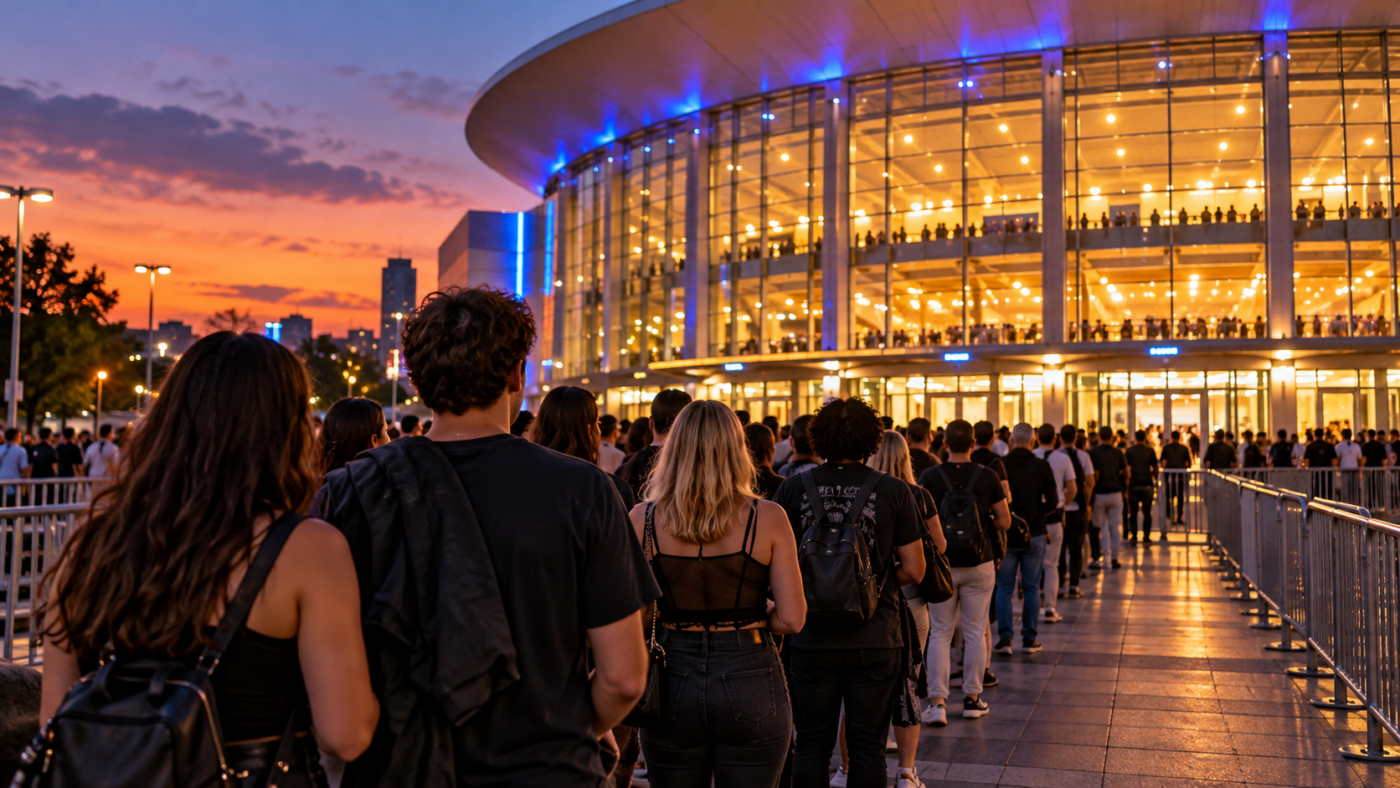 Une longue file de spectateurs vus de dos attend à la tombée du jour devant les entrées éclairées d’une grande salle de concert.