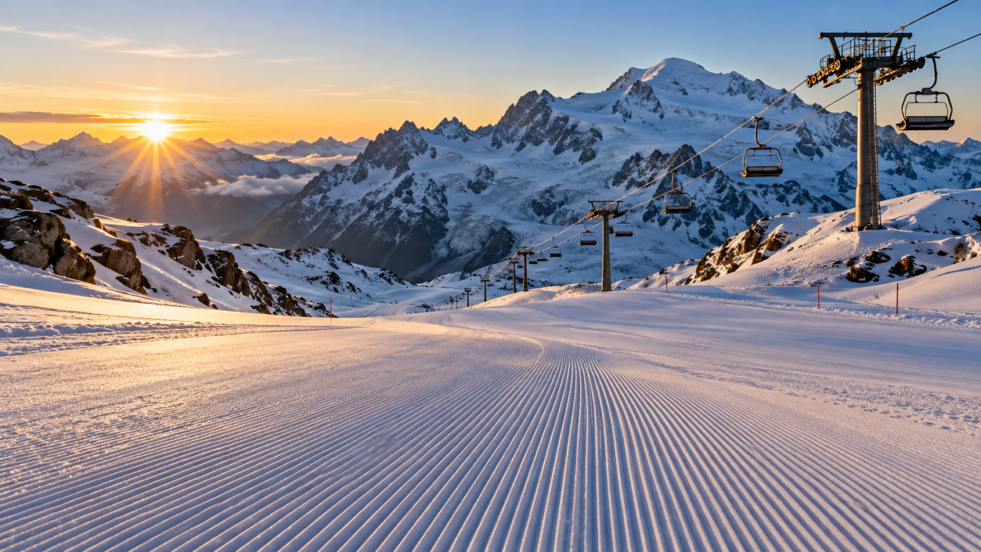 Piste damée vide au lever du soleil sous un télésiège, avec un glacier en arrière-plan