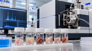 Flacons d'échantillons de tissus alignés devant un spectromètre de masse dans un laboratoire