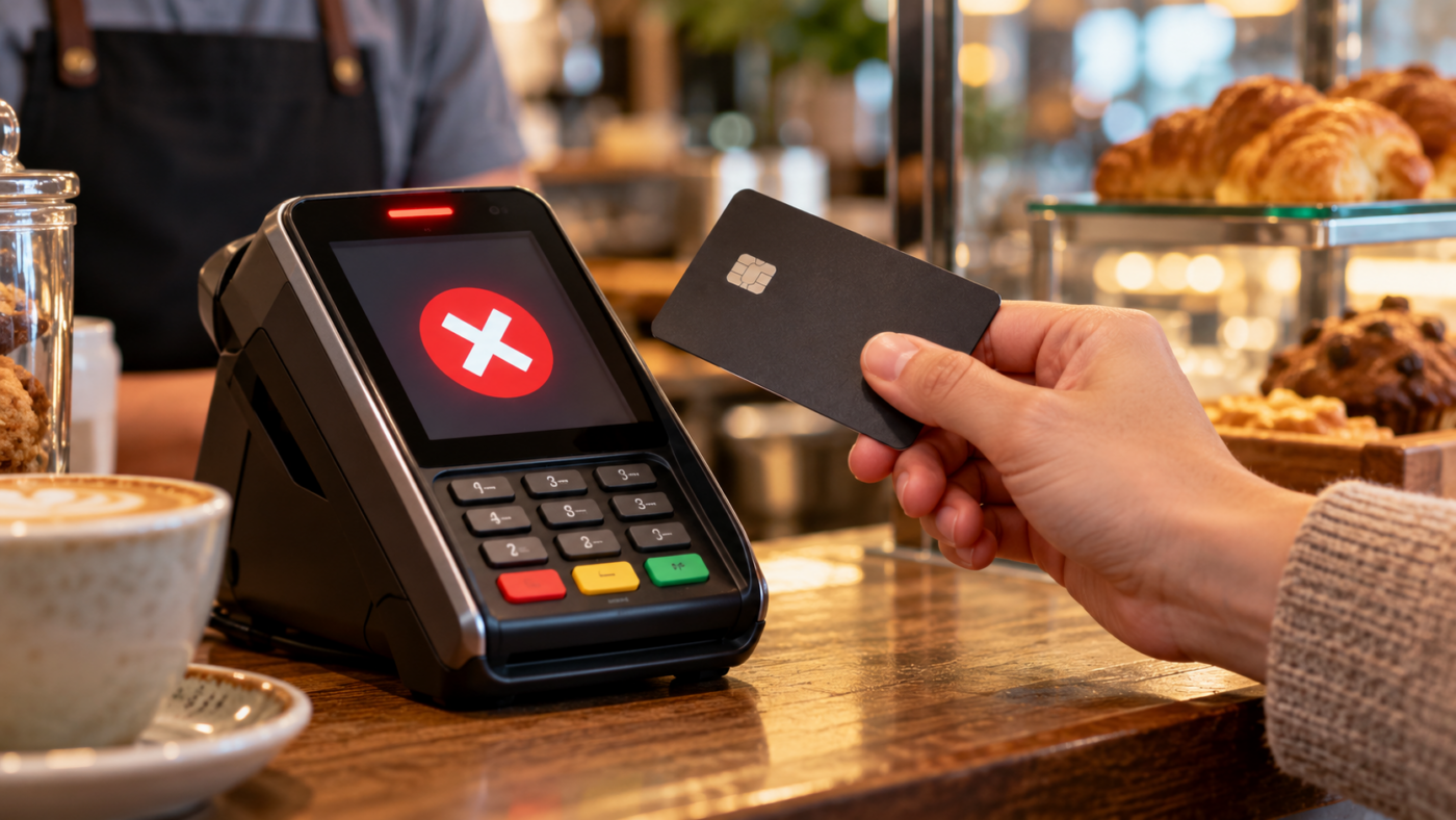 Une carte bancaire présentée devant un terminal de paiement qui affiche un refus, au comptoir d’un café.