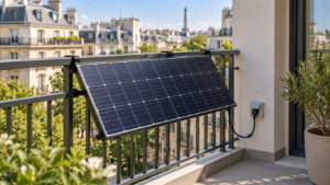 Un panneau photovoltaïque sanglé au garde-corps métallique d’un balcon d’appartement, son câble descendant vers une prise murale étanche.