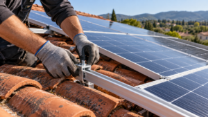 Des panneaux photovoltaïques sur un toit en tuiles, les mains gantées d’un installateur ajustant un rail de montage.