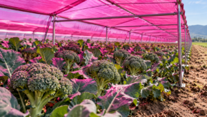 Des rangs de brocolis poussent sous une verrière magenta semi-transparente montée sur une structure métallique basse, dans un champ ouvert.