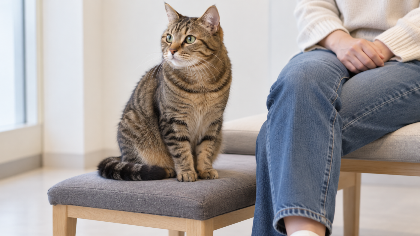 Un chat tigré assis sur un banc bas, près des jambes d’une personne assise, dans une pièce d’observation aux murs clairs.
