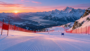 Une piste de ski alpin balisée de filets, au pied de sommets enneigés, à l’aube